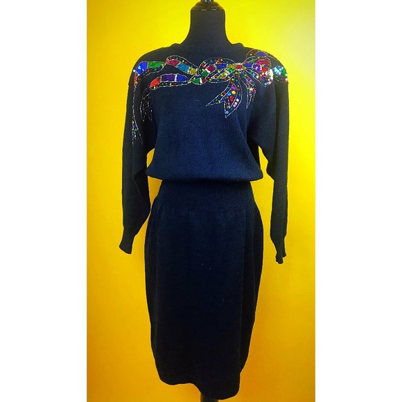 Vtg Darian Sequin Bow Sweater Dress - Picture 1 of 5